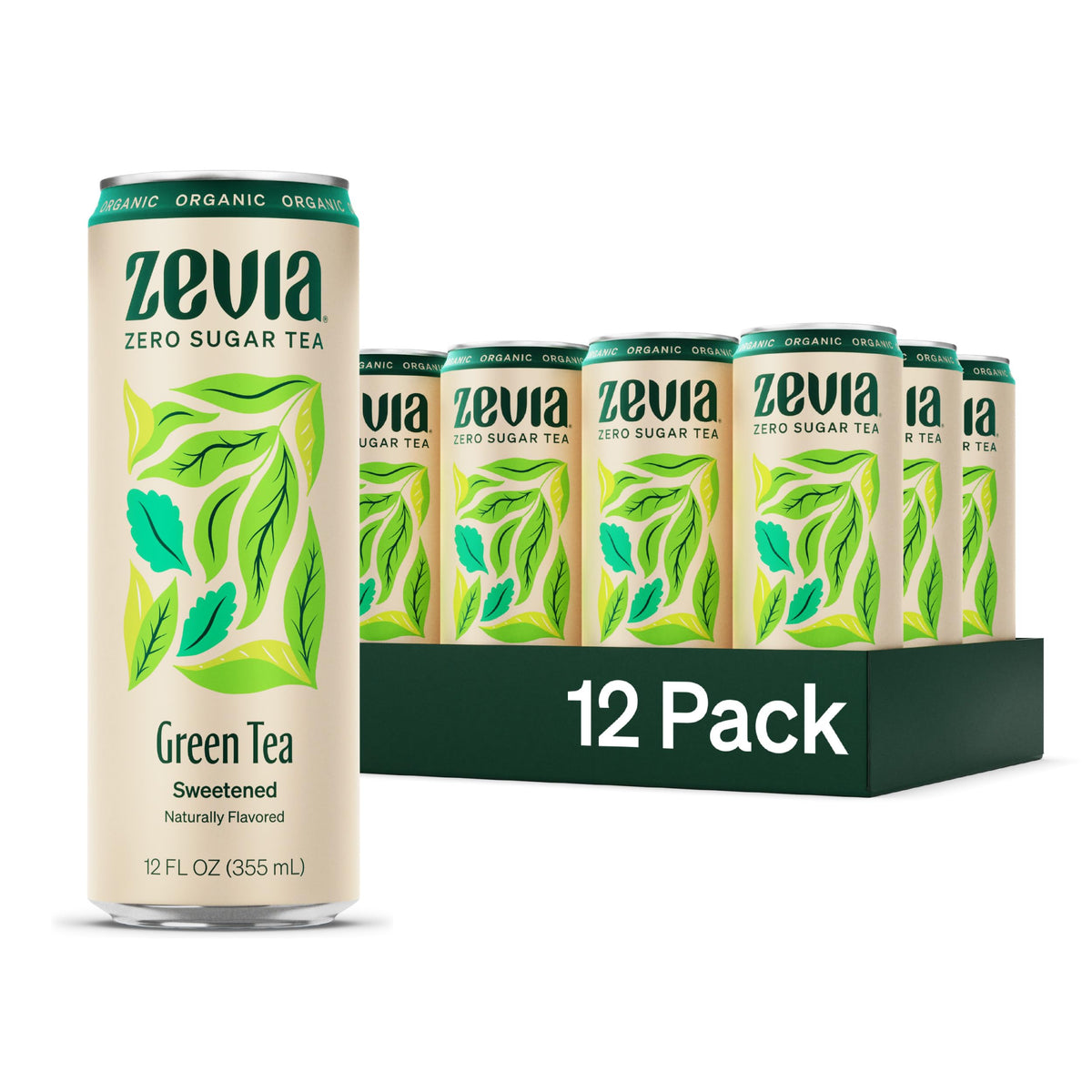 Zevia Green Tea bottle shows zero sugar and zero calories.