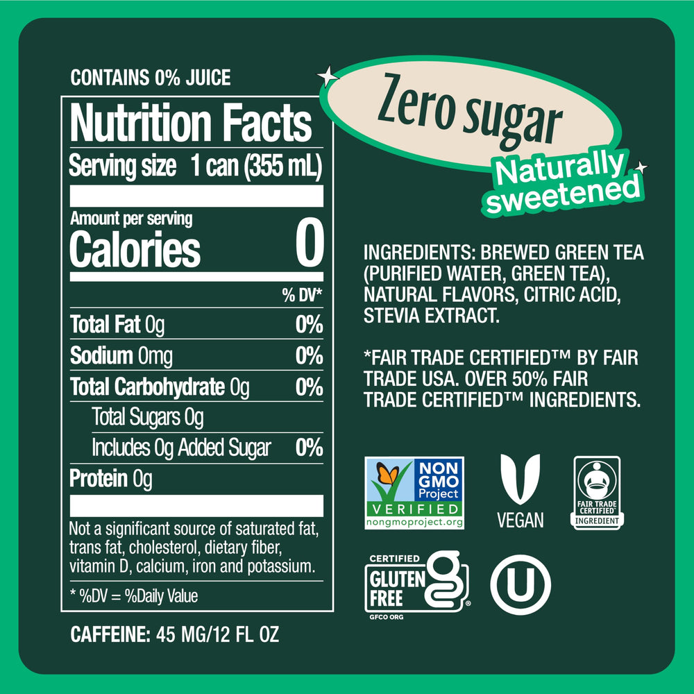 Zevia Green Tea can front view highlights zero calories and natural sweetness.