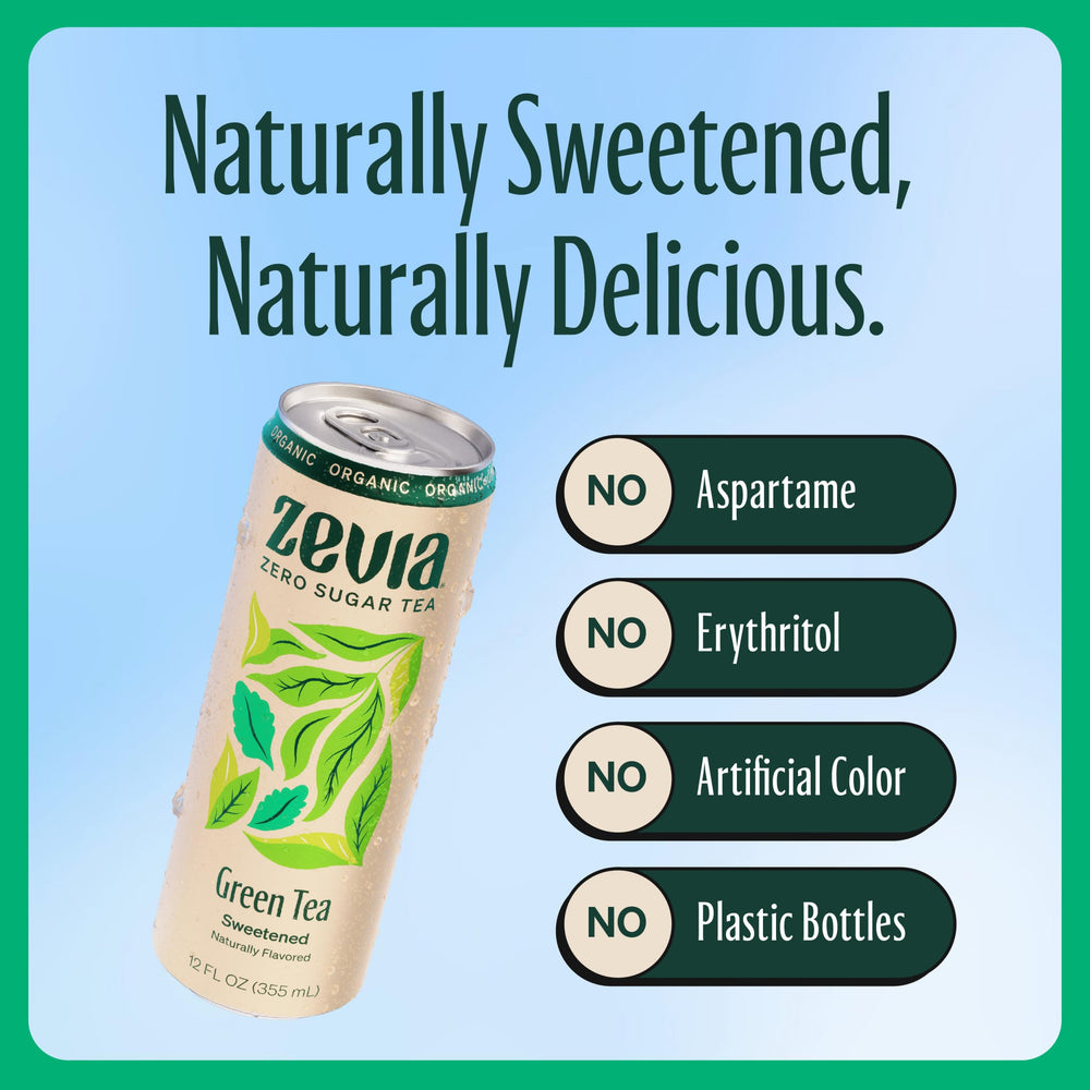 Zevia Green Tea label close-up, Non-GMO Project Verified and gluten-free.