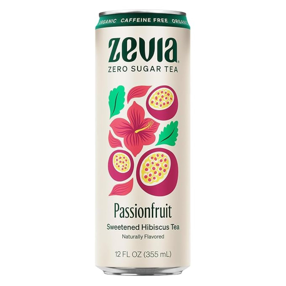 Zevia Hibiscus Passionfruit Tea can showcasing zero sugar and caffeine-free refreshment.