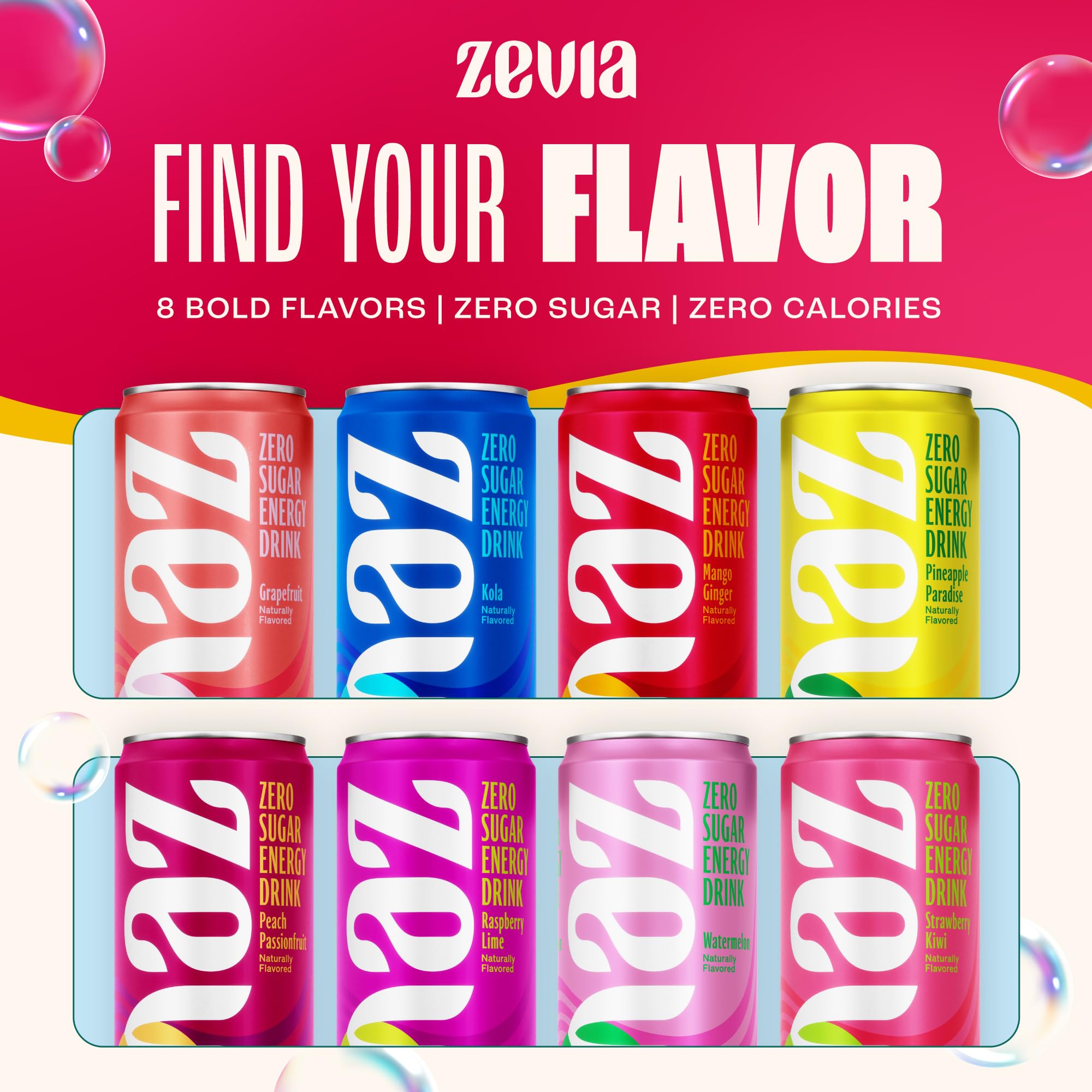 Zevia energy panel shows stevia sweetness, gluten-free and vegan.