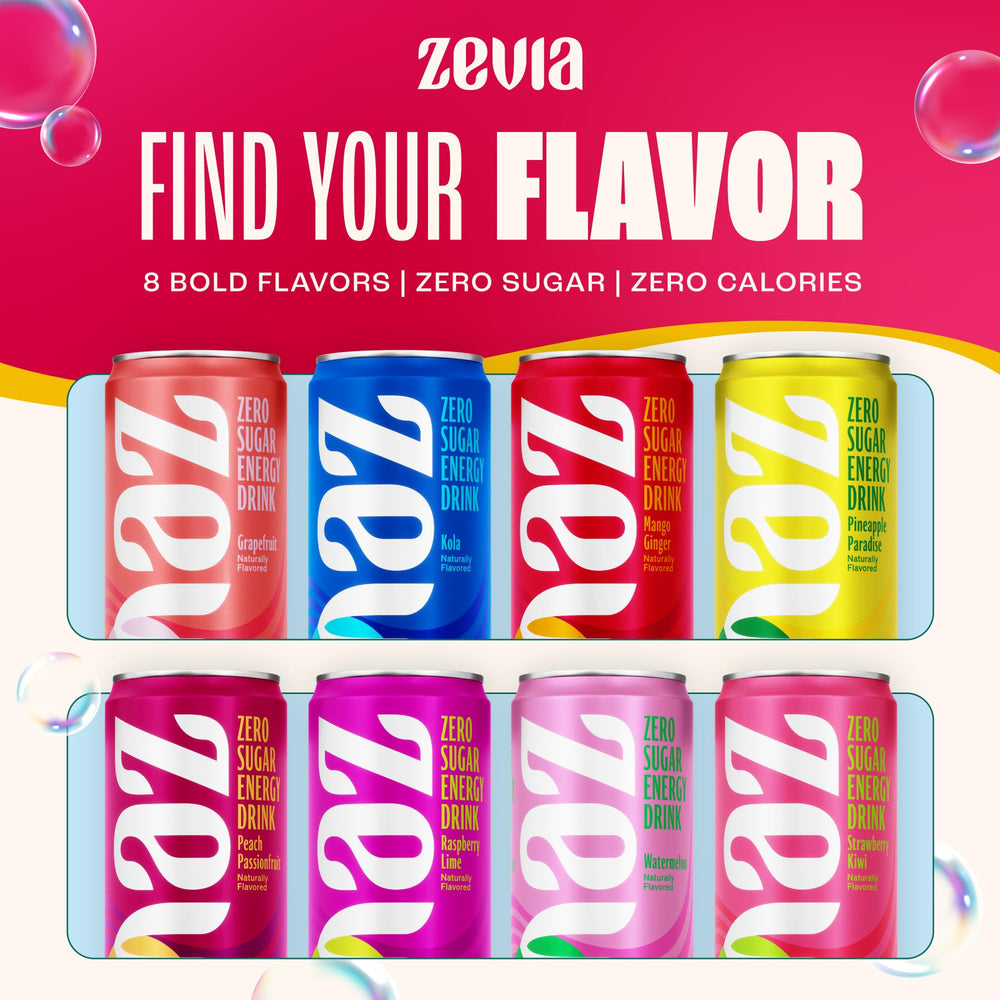 Zevia energy panel shows stevia sweetness, gluten-free and vegan.