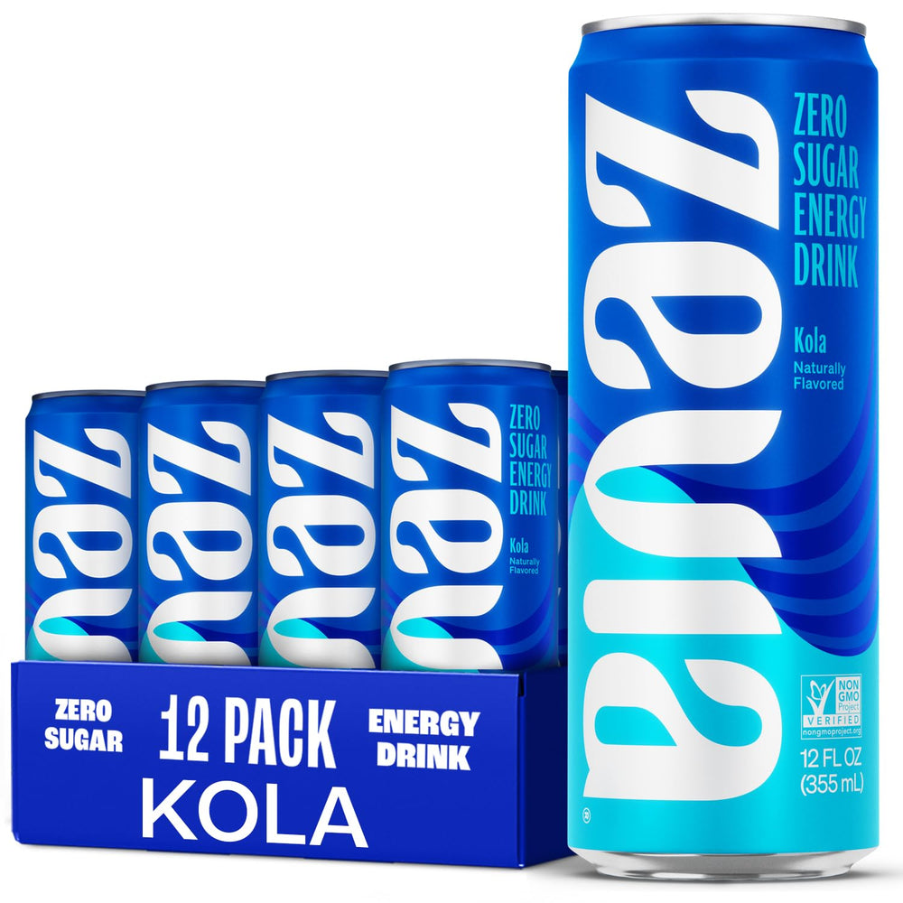 Zevia Kola Energy can close-up highlights zero sugar and 120 mg caffeine.