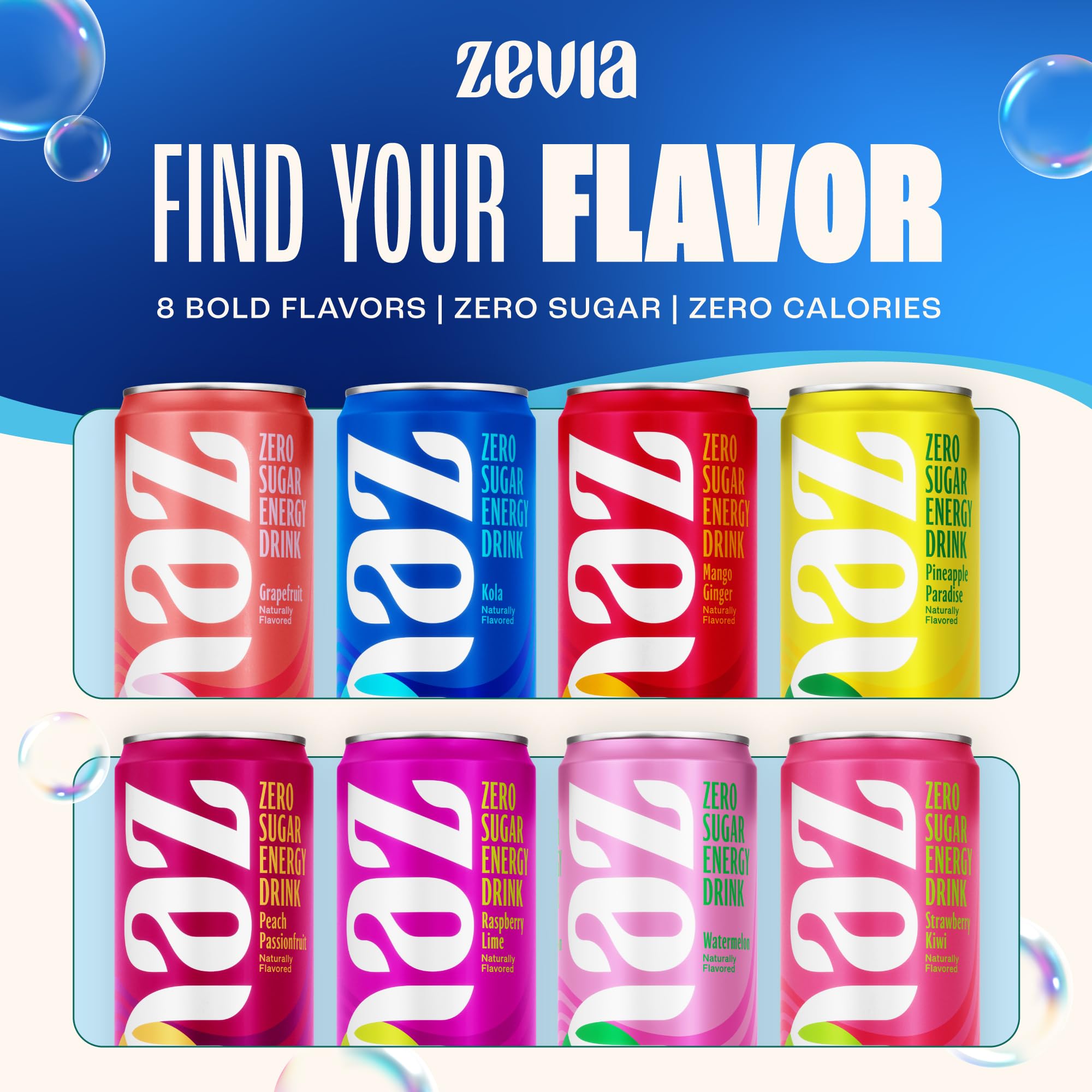 Zevia Kola Energy label close-up highlights stevia-sweetened formulation.