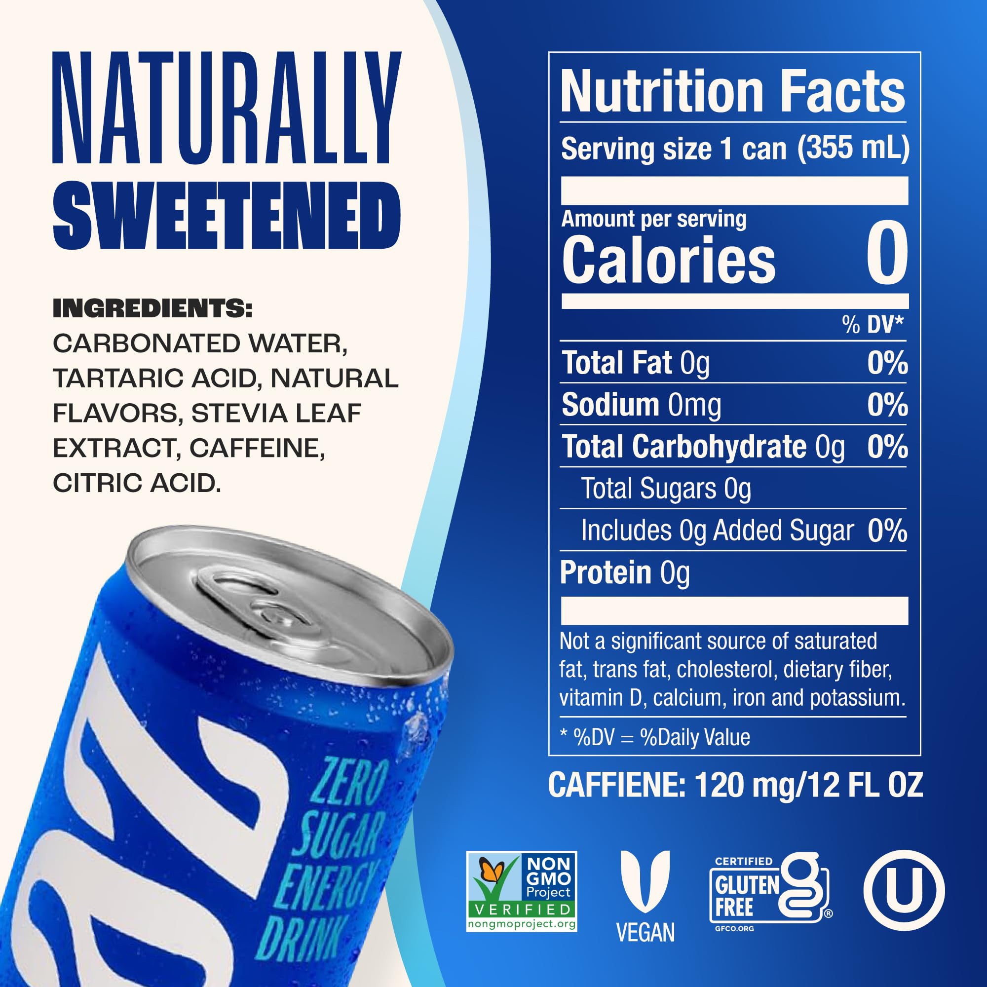Zevia Kola Energy 12-pack packshot emphasizes convenient, zero-calorie refreshment.