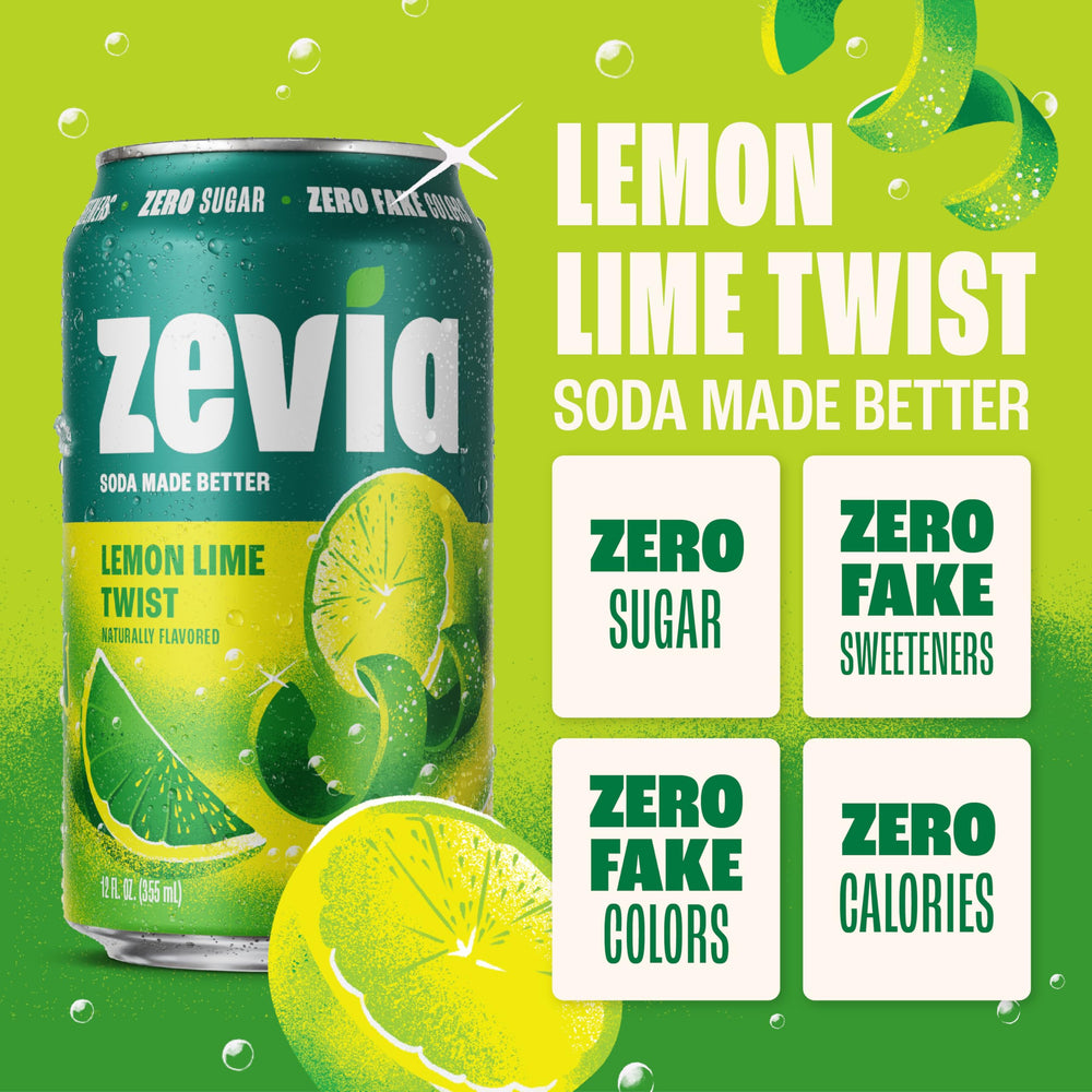 Zevia Lemon Lime Twist label closeup emphasizes natural citrus flavors and stevia sweetness.