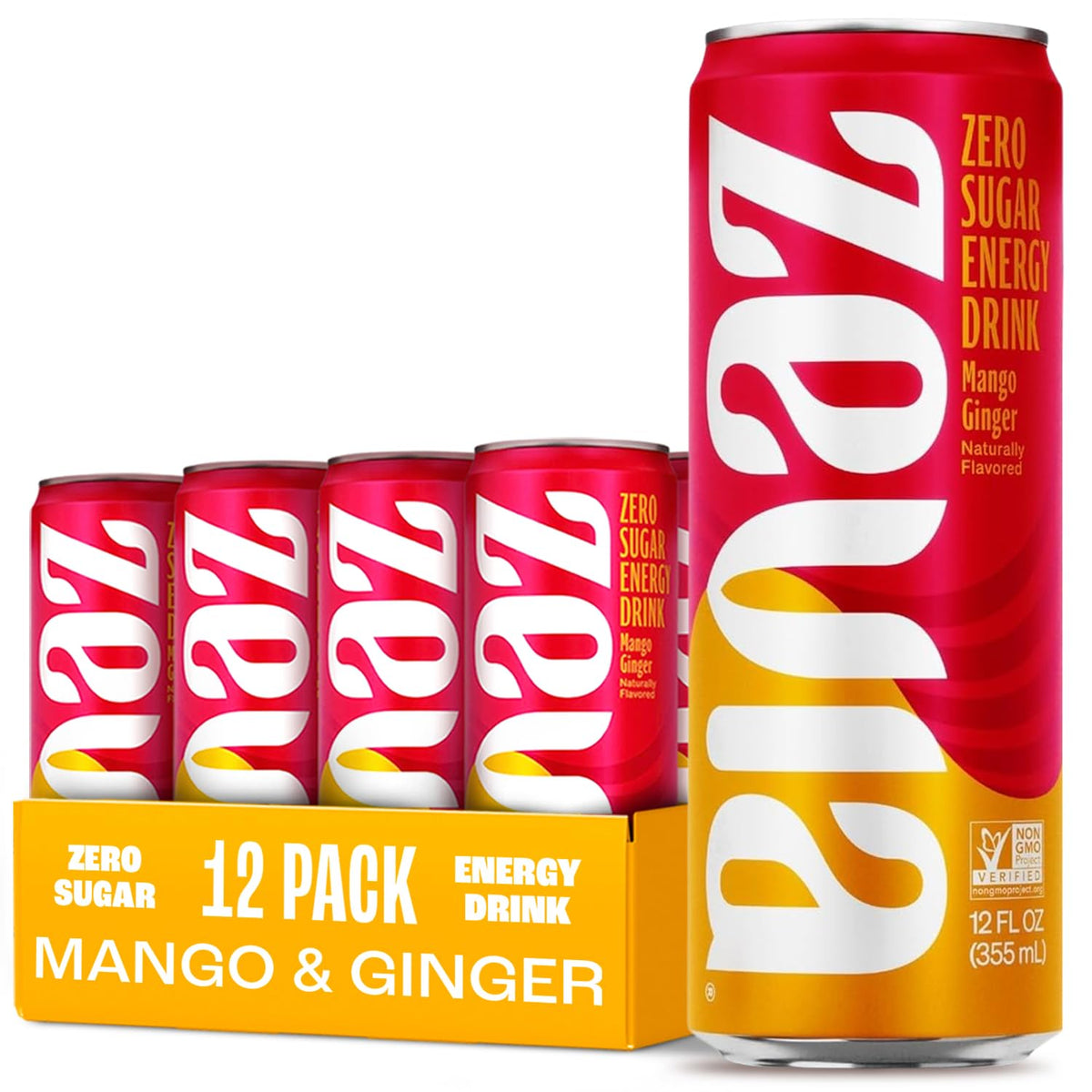 Zevia Mango Ginger energy can close-up; zero sugar and zero calories.