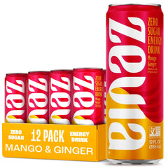 Zevia Mango Ginger energy can close-up; zero sugar and zero calories.