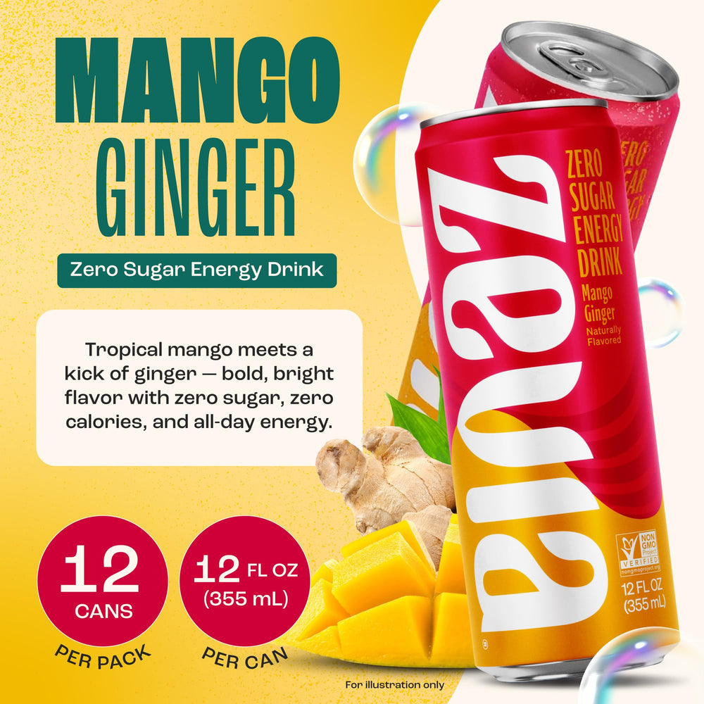 Zevia Mango Ginger energy 12-pack on shelf for diet-conscious shoppers.