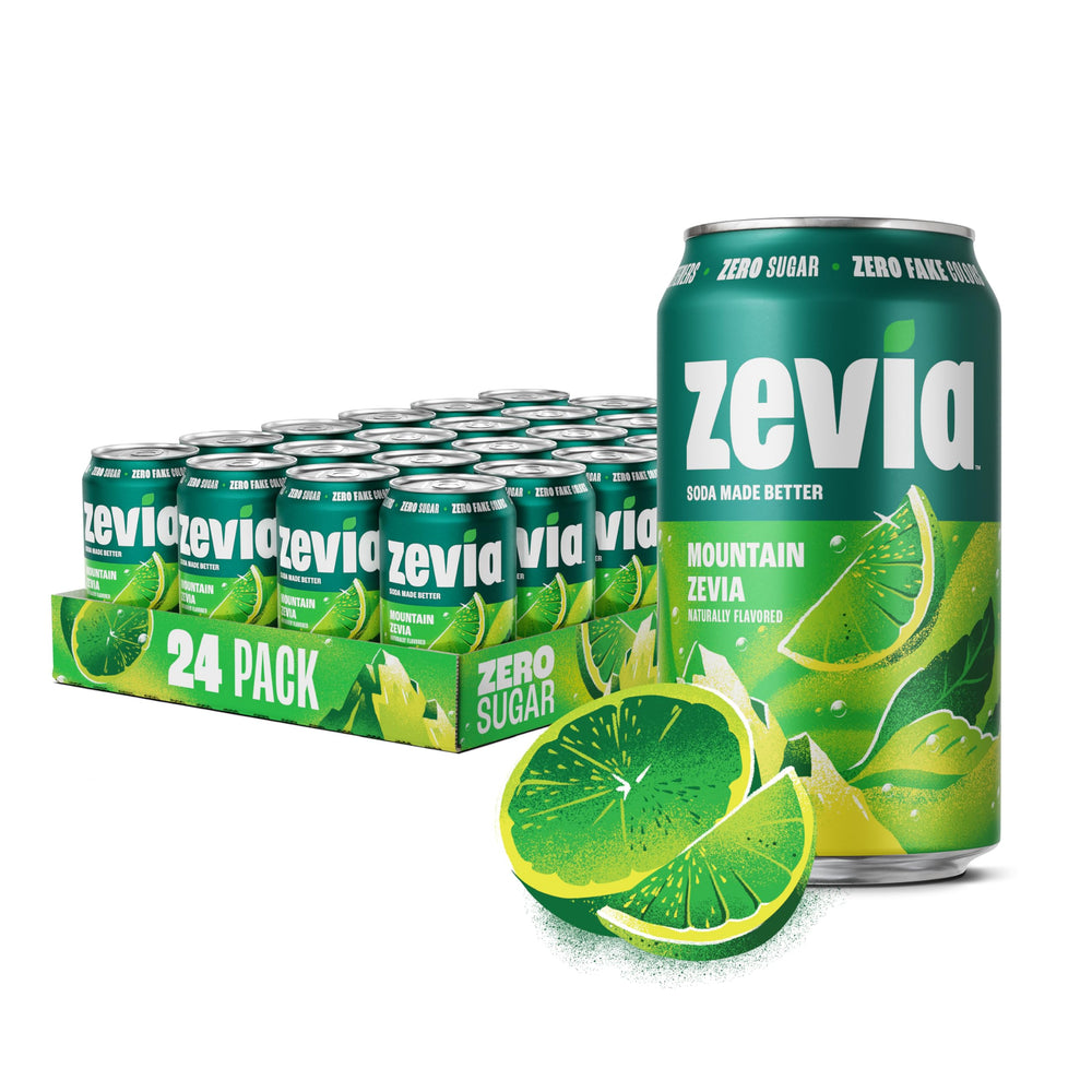Zevia Mountain Zevia can on a cool surface, zero sugar option for mindful sipping