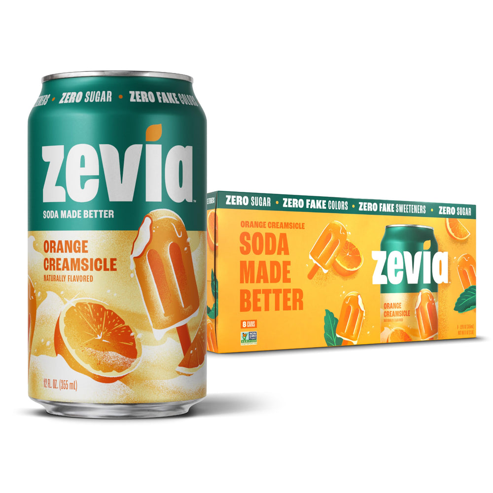 Zevia Orange Creamsicle can close-up showing zero sugar option for mindful sipping
