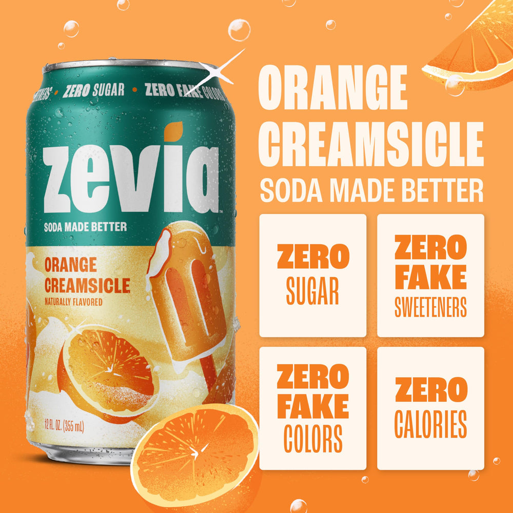 Zevia Orange Creamsicle glass pouring, crisp citrus with creamy vanilla finish