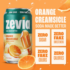 Zevia Orange Creamsicle glass pouring, crisp citrus with creamy vanilla finish