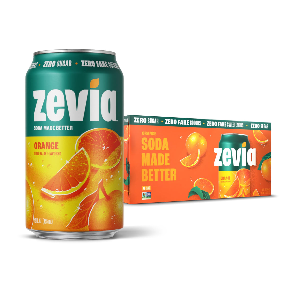 Zevia Orange Soda can front shows vibrant color and zero sugar.