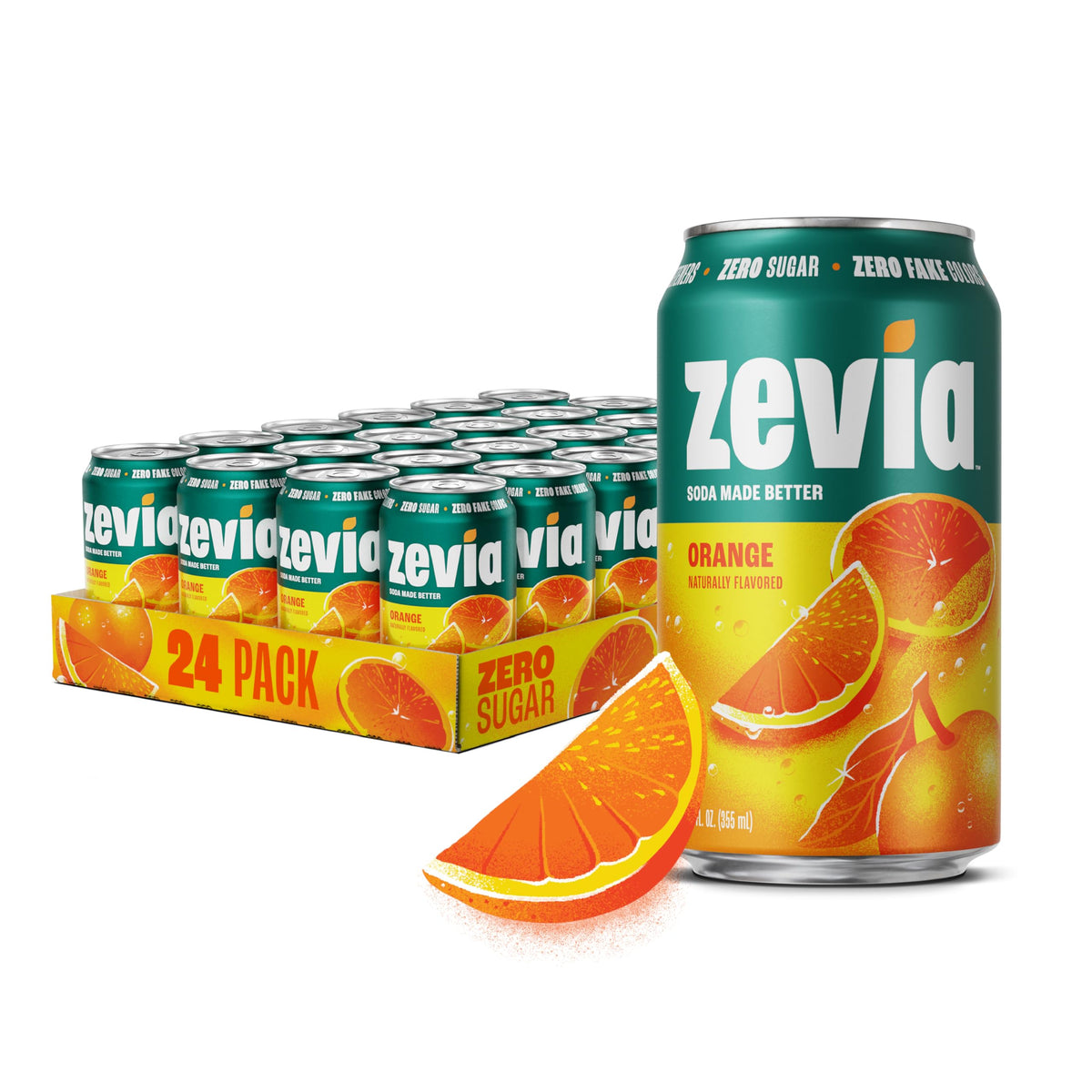 Zevia Orange Soda 24-pack cans showcase zero sugar and zero calories.