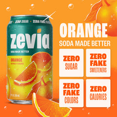 Zevia Orange Soda close-up bubbles emphasizing natural sweetness.