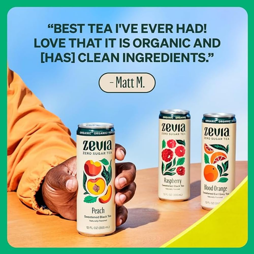 Zevia Black Tea Raspberry can close-up highlighting bold berry flavor and zero sugar