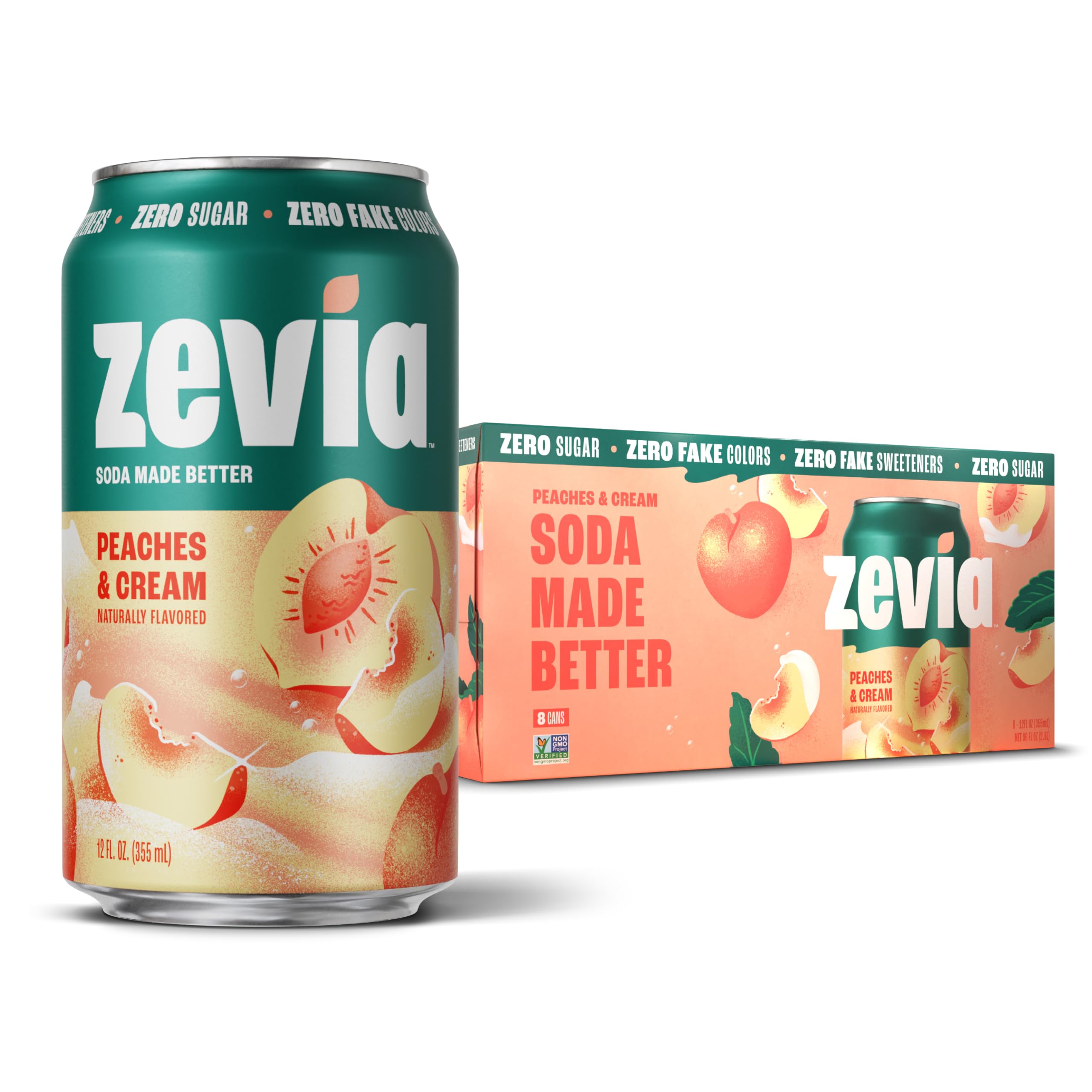Zevia Peaches & Cream soda can front view, zero sugar and calorie-free.