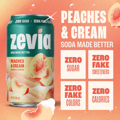 Zevia Peaches & Cream eight-pack on shelf, Non-GMO verified and gluten-free.