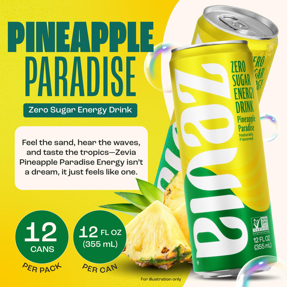Zevia Pineapple Paradise can pour shows tropical aroma and caffeine lift.