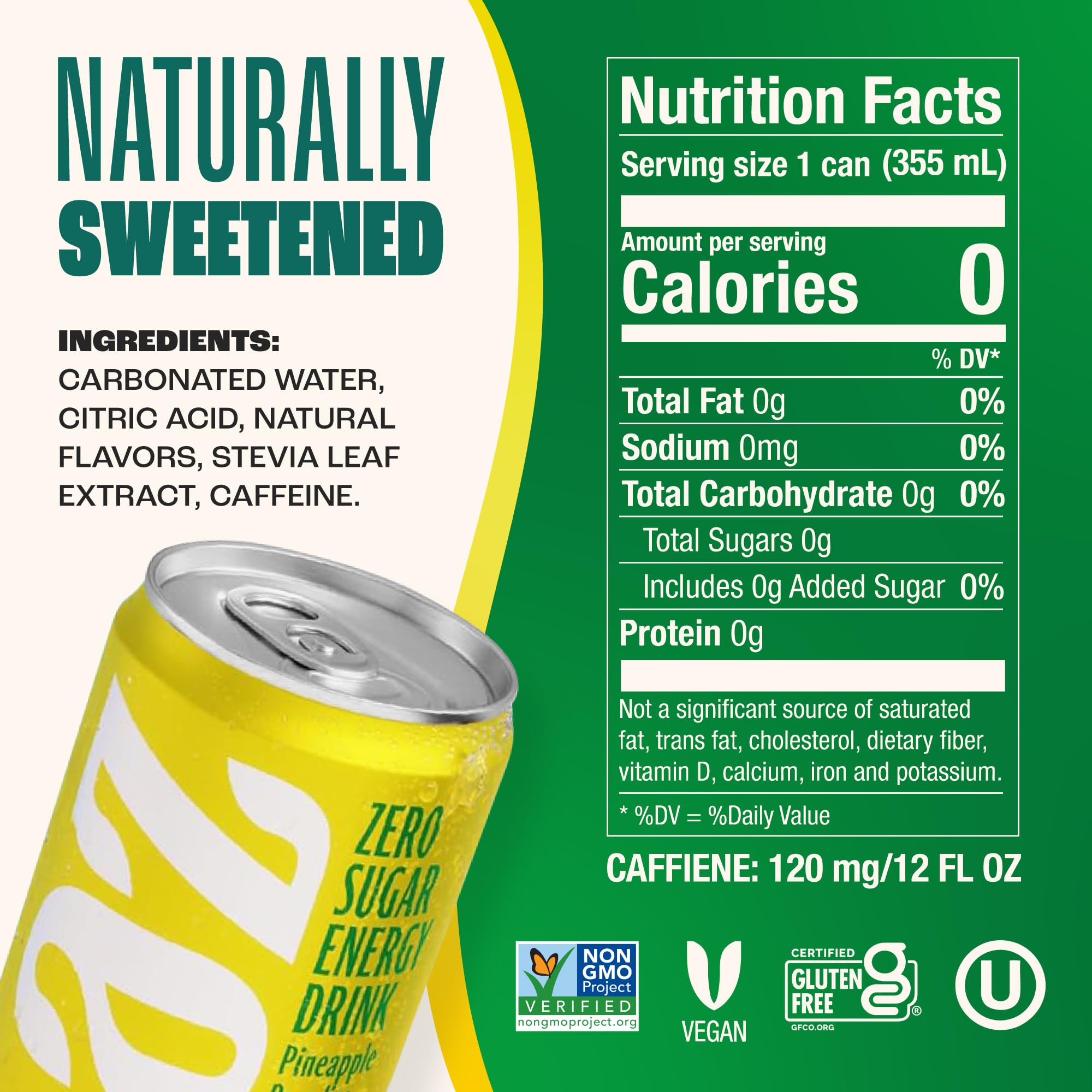 Zevia Pineapple Paradise energy can side view highlights non-GMO and zero calories.