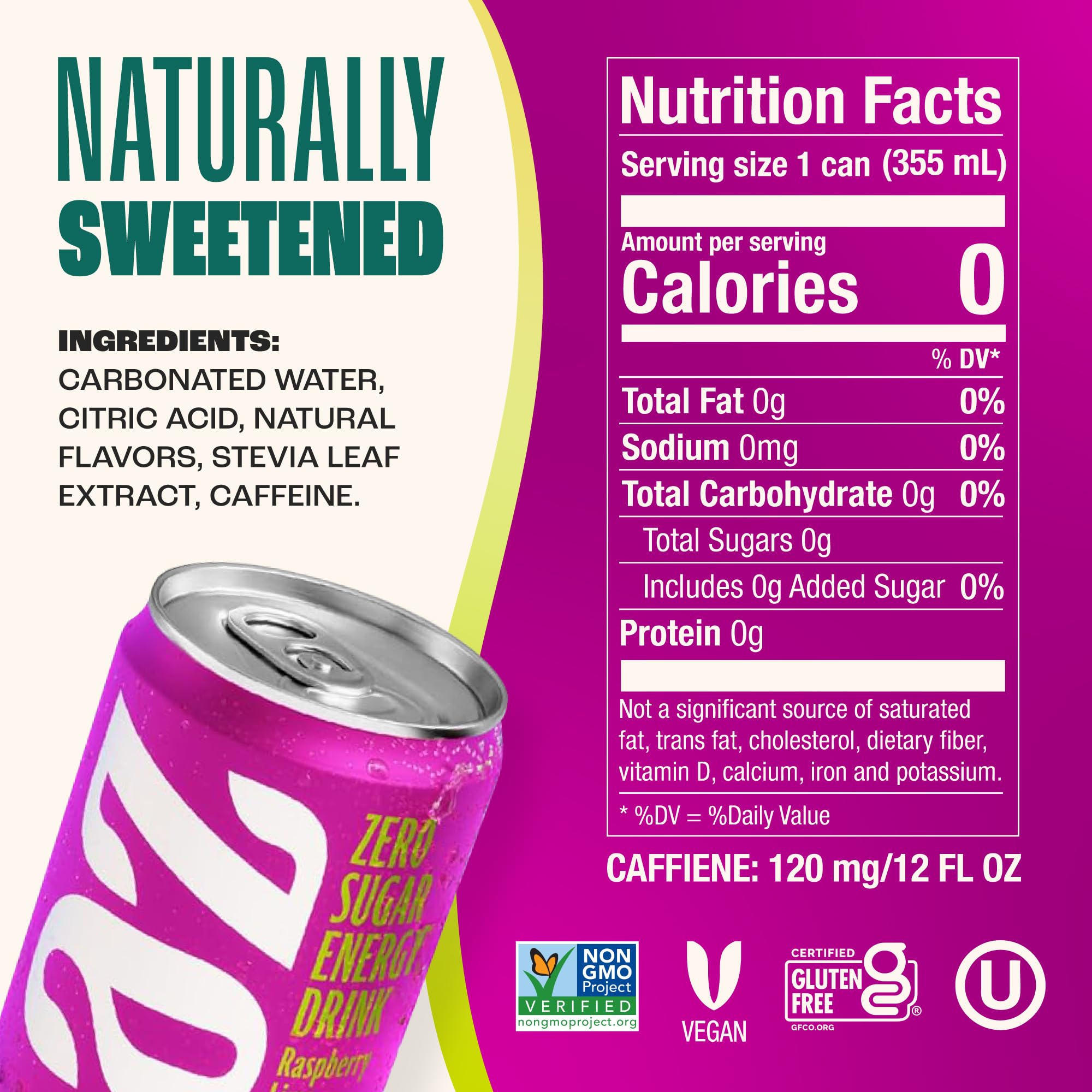 Zevia Raspberry Lime Energy pour shows a crisp lift without sugar.