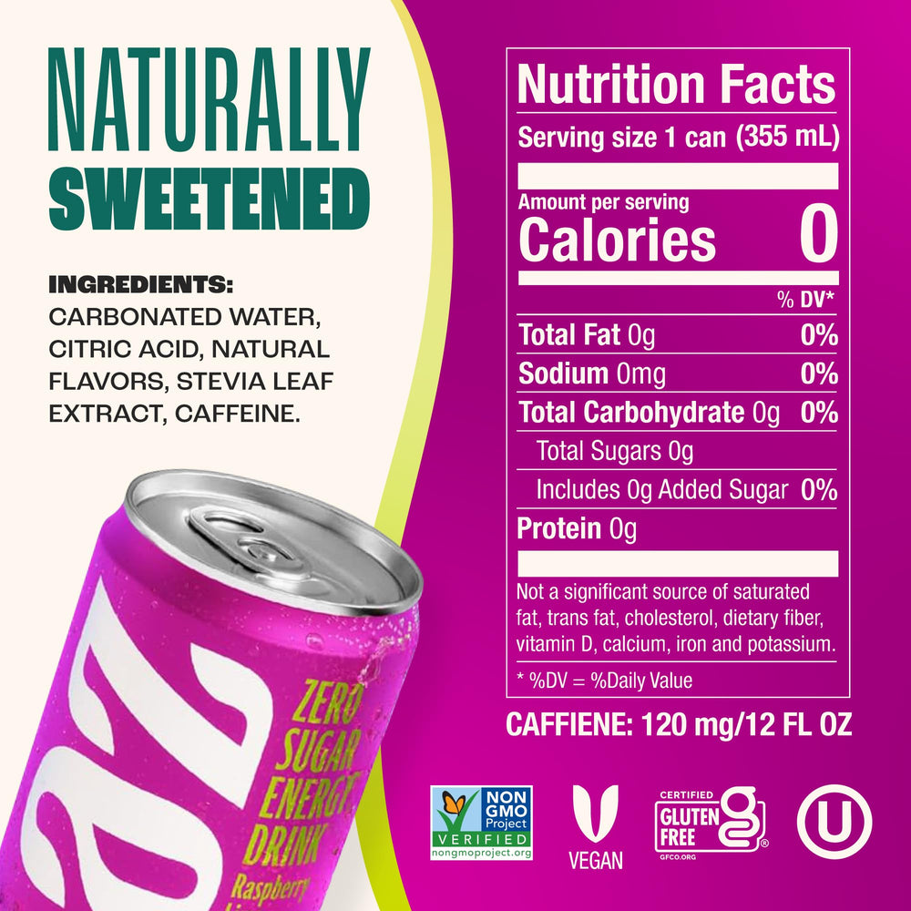 Zevia Raspberry Lime Energy pour shows a crisp lift without sugar.