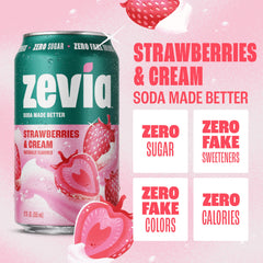 Close-up bubbles on Zevia Strawberries & Cream highlight clear, artificial color-free soda.