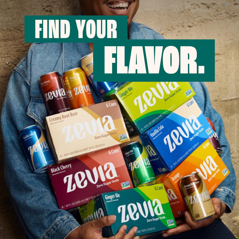 Zevia Strawberries & Cream can-back view with information on zero calories.