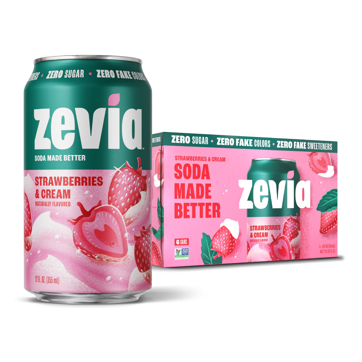 Zevia Strawberries & Cream can front showing zero sugar and bold flavor.