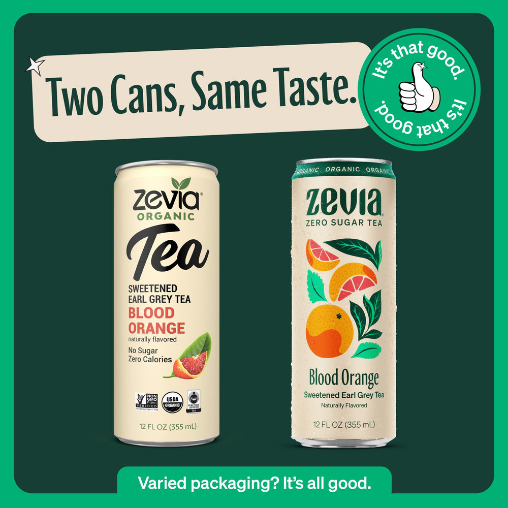Pouring Zevia Earl Grey Blood Orange into a glass with ice to show refreshing taste.