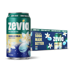 Zevia Vanilla Cola can front, naturally sweetened with stevia.