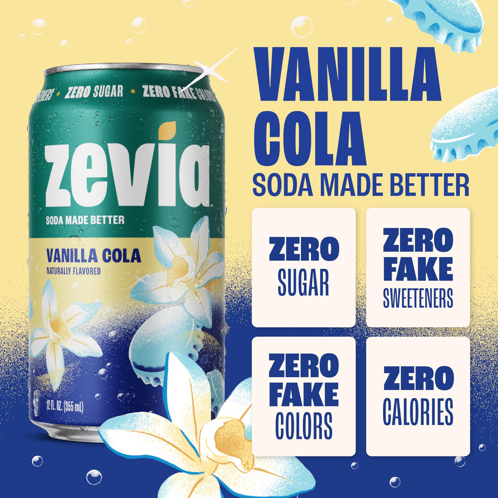 Zevia Vanilla Cola can being poured, zero sugar option.