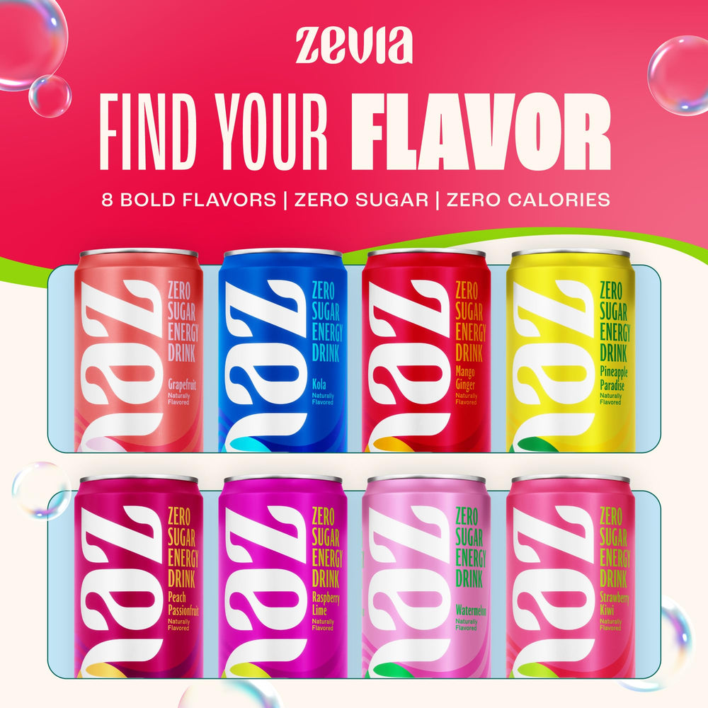 Zevia energy drink can highlighting vegan and kosher-friendly formula.