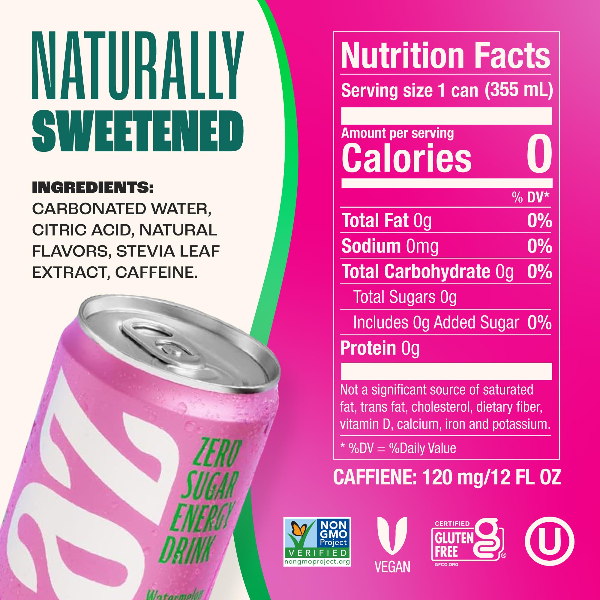 Zevia Watermelon Energy Can close-up, crisp taste and clean energy.