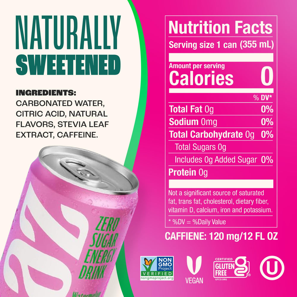 Zevia Watermelon Energy Can close-up, crisp taste and clean energy.