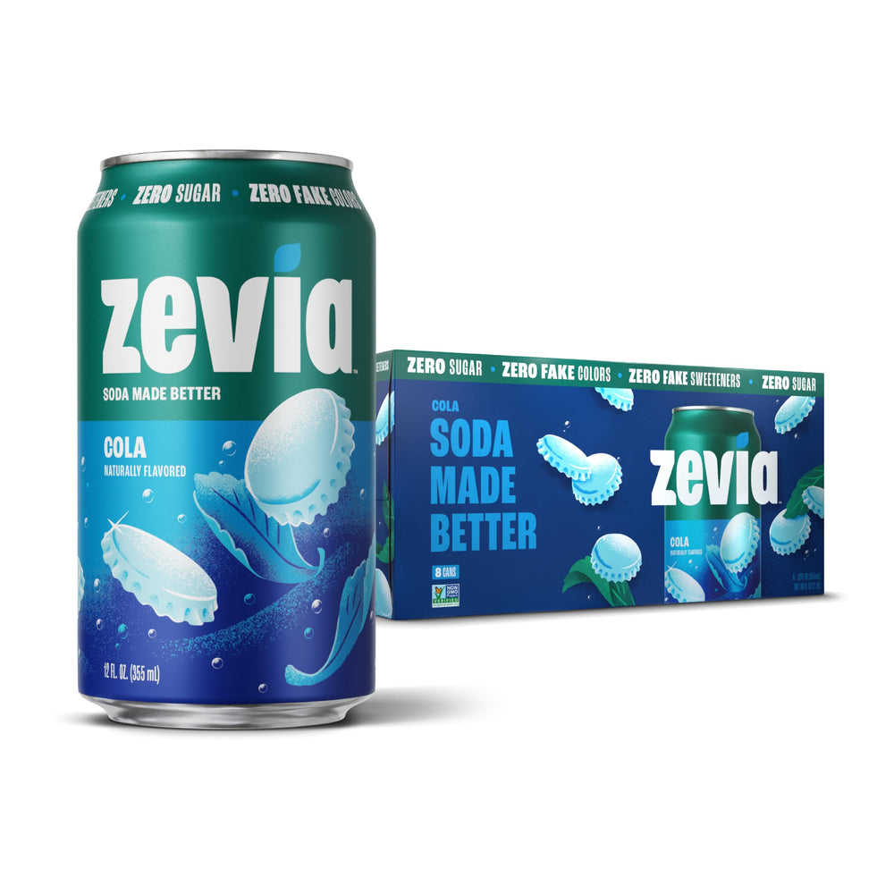 Zevia Zero Sugar Cola can front view, guilt-free refreshment with zero calories
