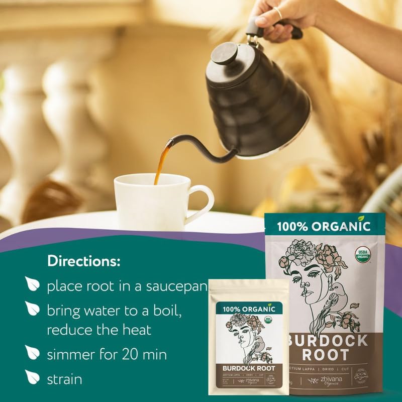 Zhivana Organics burdock tea being brewed for digestion-friendly routine