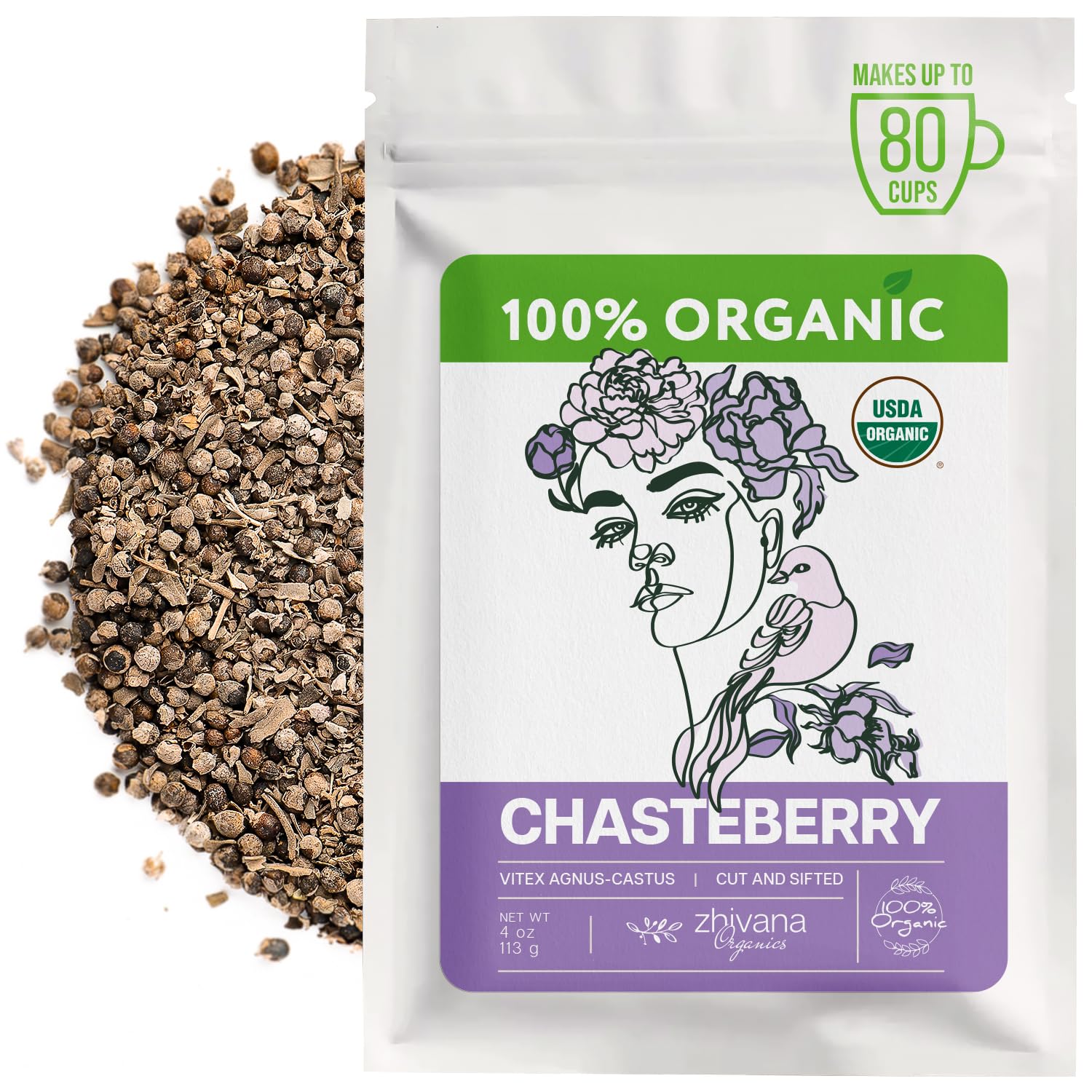 Zhivana Organics chasteberry tea packaging showcasing pure, caffeine-free herbal blend for calm moments.