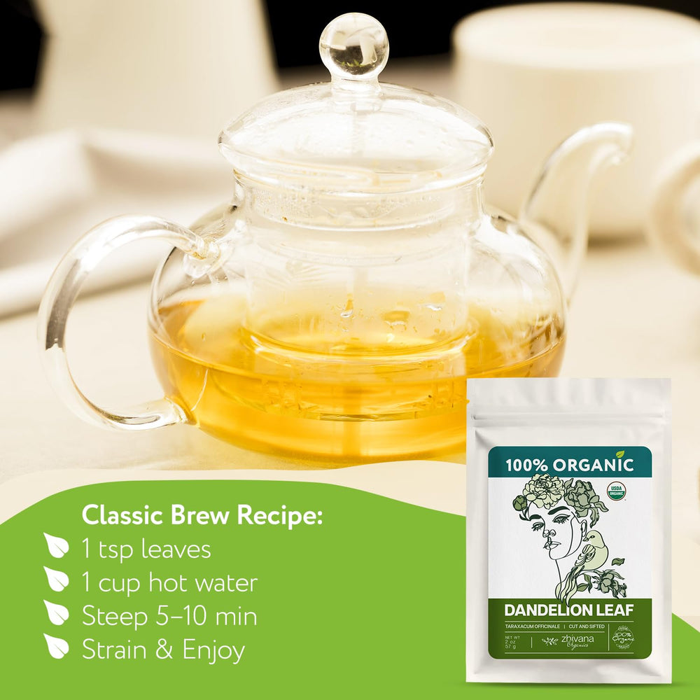Zhivana Organics dandelion leaf tea in a tea basket