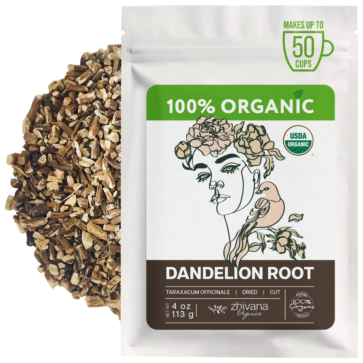 Zhivana Organics dandelion root tea bottle on a kitchen shelf, ready for daily use.