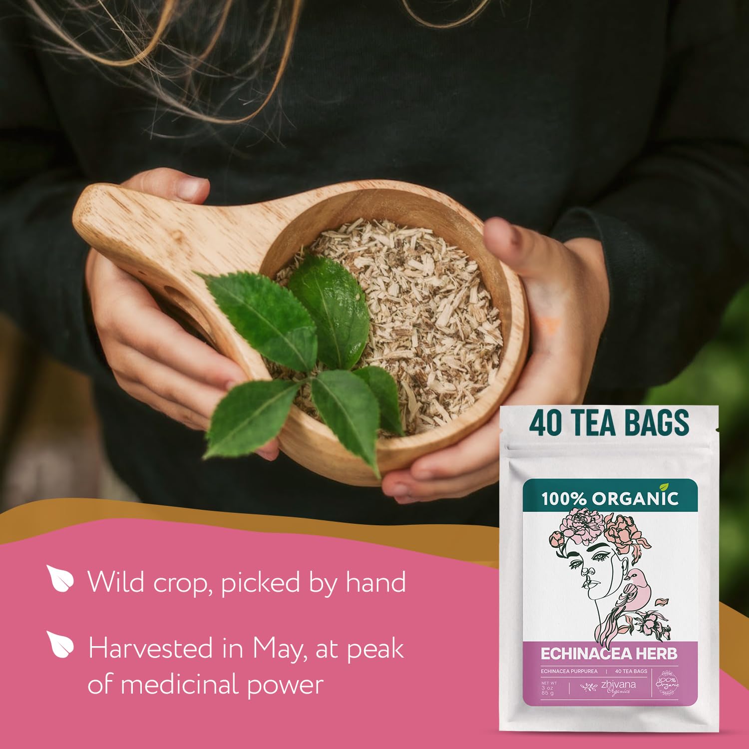 Zhivana Organics dried echinacea herbs showing vibrant texture for tea lovers.