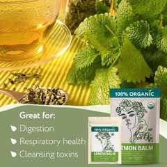 Zhivana Organics dried lemon balm leaves close-up, aromatic for relaxing tea.