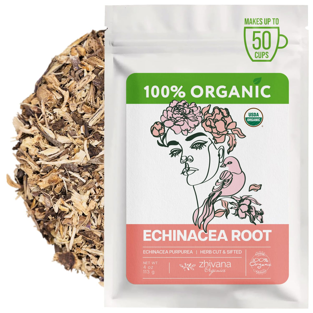 Zhivana Organics Echinacea root tea packaging highlights organic sourcing for daily ritual wellness.