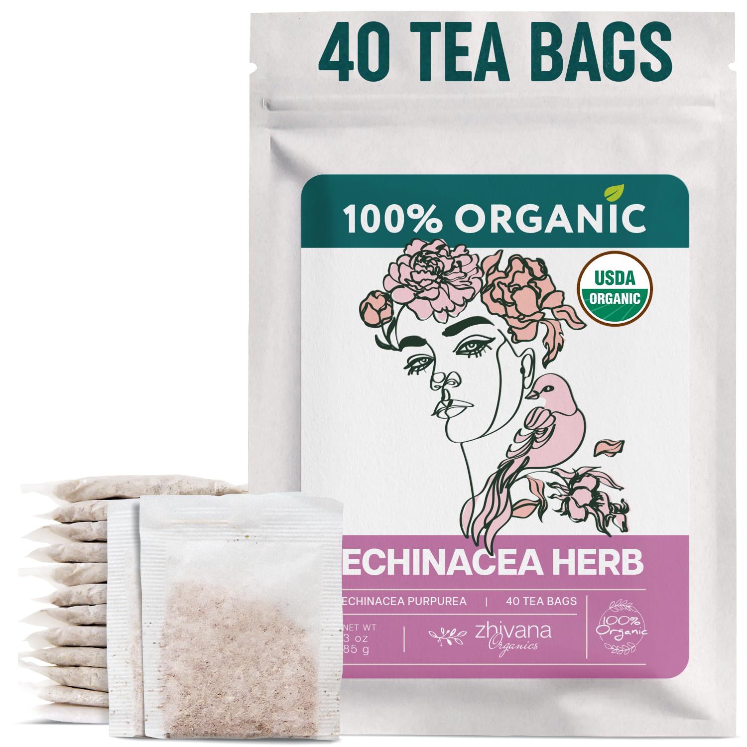 Zhivana Organics Echinacea Tea organic 40 tea bags ready for daily immune support.