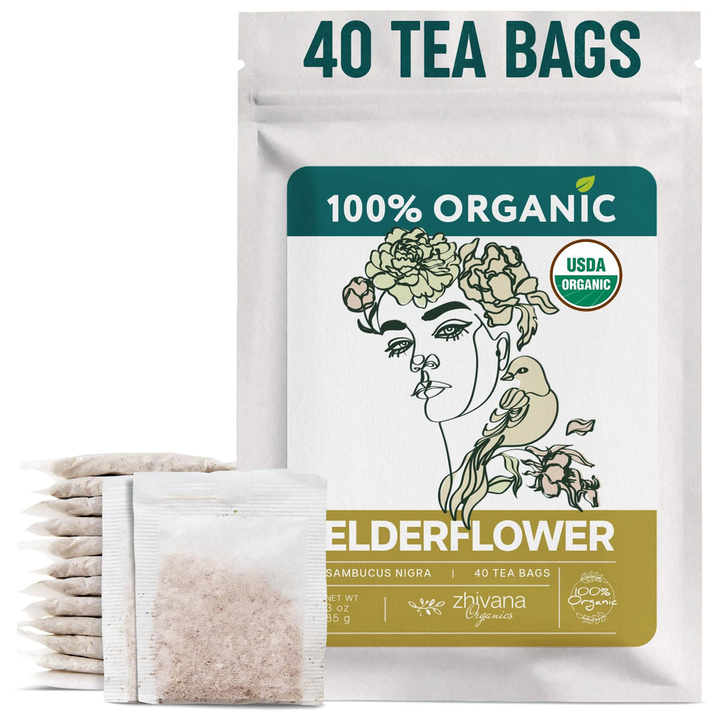 Zhivana Organics elderflower tea bags for a soothing floral cup.