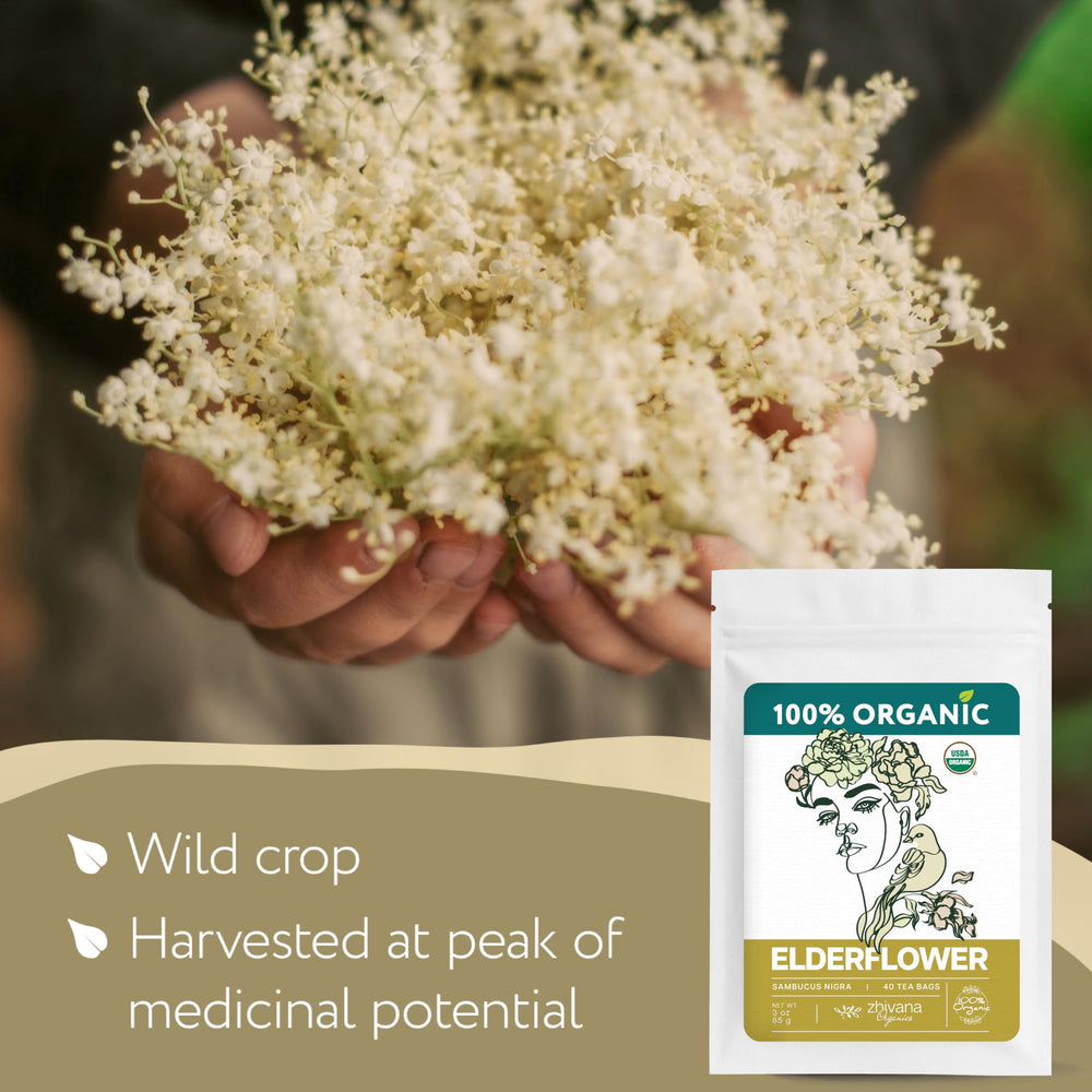 Zhivana Organics elderflower tea fragrance steam for relaxing moments.