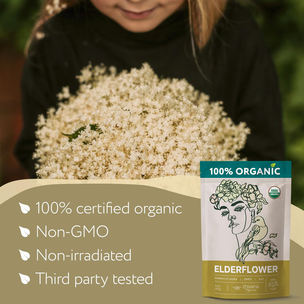 Zhivana Organics Elderflower Tea hand-picked blooms steep into a relaxing cup