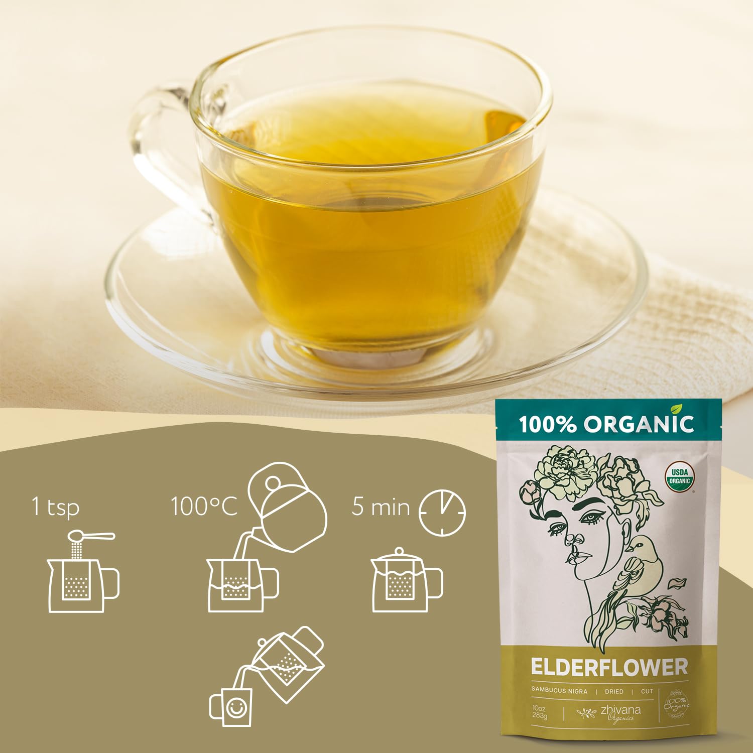 Zhivana Organics Elderflower Tea in cup shows a pale-gold infusion