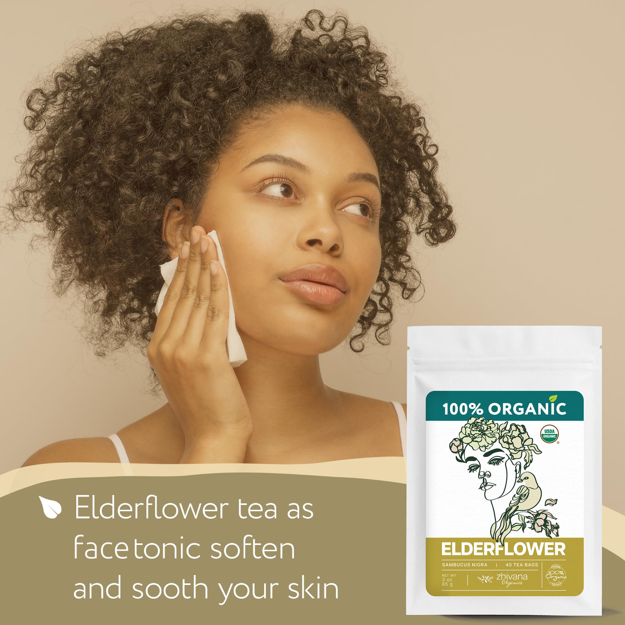 Zhivana Organics elderflower tea packaging that is easy to store.